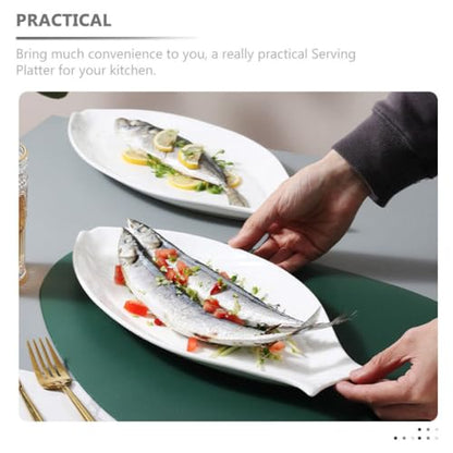 Hemoton Ceramic Fish Platter Oval Fish Plate White Oval Steamed Plate Food Serving Tray for Home Hotel Restaurant Shaped 18inch - size: 45.50X22.00X3.00CM