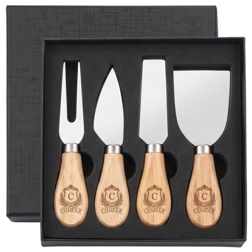 EDSG Personalized 4Pcs Cheese Knife Set, Stainless Steel Cheese Knives Set with Wooden Handle, Gifts for Birthday, Christmas, Wedding, House Warming, Charcuterie Accessories (Design 2) - color: Design 2