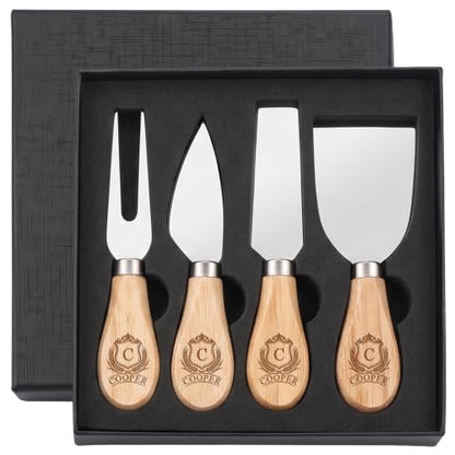 EDSG Personalized 4Pcs Cheese Knife Set, Stainless Steel Cheese Knives Set with Wooden Handle, Gifts for Birthday, Christmas, Wedding, House Warming, Charcuterie Accessories (Design 2) - color: Design 2