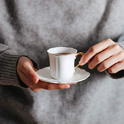 BTaT- Porcelain Espresso Cups Set, 3 oz, 6 Set, Small Coffee Mugs | Elegant White Cups Saucers Gold Trim Espresso Set Greek Arabic Turkish Coffee Gift Use - color: White, size: Set of 6