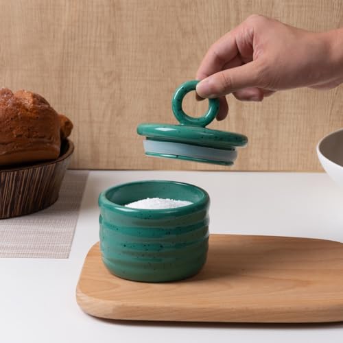 Salt Cellar Keeper with Ceramic Lid, Big Capacity Ceramic Sugar Bowls Pepper Box, Speckled Glaze Seasoning Container Condiment Pot for Kitchen (Green) - color: Green