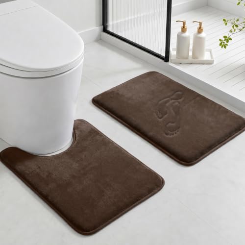 Bathroom Rugs Sets 2 Piece, Non-Slip & Quick Dry Bath Mat Set, Ultra Soft Velvet Bath Rugs for Bathroom, Toilet and Shower Floor, Brown - color: Brown, size: 17"x24"+U Shape 20"x24"