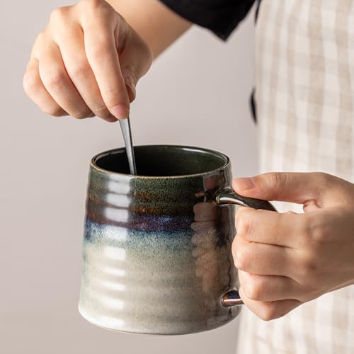 15.5oz Large Heavyweight Ceramic Mug, Reactive (Green-Black) | 15.5oz Medium-Large, Heavy Weighted Stoneware, Reactive Transmutation Glaze, Microwave & Dishwasher Safe, Gift Box - color: Green Black
