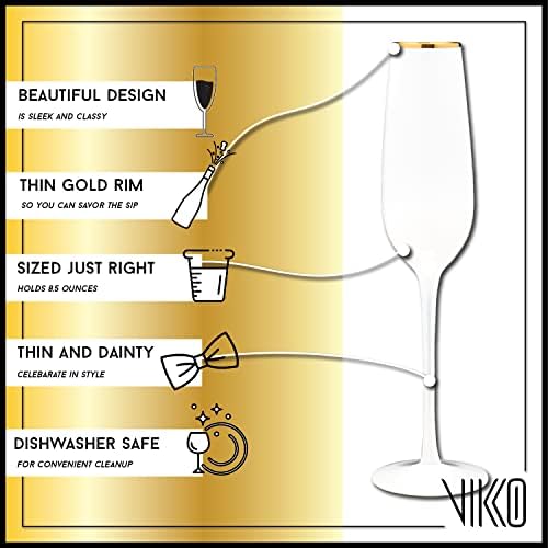 Vikko Champagne Flutes With Gold Rim, 8.5 Ounce Elegant Toasting White Champagne Flute, Champagne Glasses, Set of 4 Elegant Wine Glasses