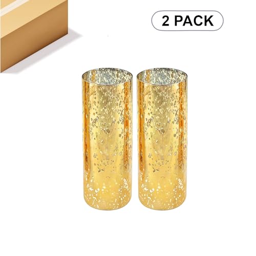 WGVI Hurricane Candle Holder Sleeve, W: 4", Ht: 10", Gold Speckled Glass Cylinder Open Both Ends, Chimney Tube Shade, 2 Pieces - color: Gold Speckle, size: 4x10"H