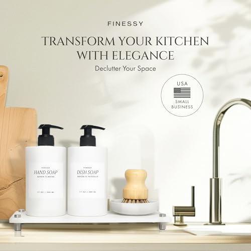 FINESSY White Bathroom and Kitchen Soap Dispenser Set with Tray and Brush | BPA Free Plastic Hand Soap Dispenser Set Of 2 Bottles, 500ml Each With Brush & Ceremic Holder on A Marble-Look Resin Tray - color: Minimalist White