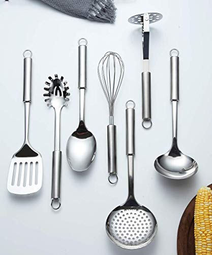Berglander Cooking Utensil Set 8 Piece, Stainless Steel Kitchen Tool Set with Stand,Cooking Utensils, Slotted Tuner, Ladle, Skimmer, Serving Spoon, Pasta Server,Potato Maseher, Egg Whisk. （8 Pieces） - color: A. 8 Pieces