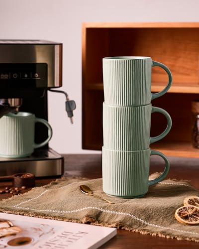 famiware Coffee Mug Set of 4, Star 12 oz Ceramic Mugs Cups Set with Handle | Stoneware Stackable Catering Cup for Coffee, Tea, Cappuccino, Latte, Microwave & Dishwasher Safe, Matte Green - color: Star-Matte Green, size: 4 Count (Pack of 1)