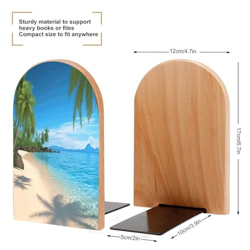 Personalized Hawaiian Beach with Palm Trees Book Ends for Shelves, Large Heavy Duty Wooden Bookends with Non-Skid Metal Base Book Holder Decorative Book Stopper for Home Office Supplies 1 Pair