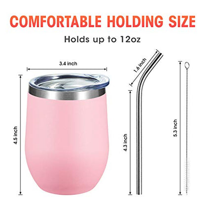COMOOO Stainless Steel Wine Tumbler Glass Bulk with Lid and Straw 12oz Double Wall Vacuum Insulated Travel Tumbler Cup Stemless for Hot and Cold Drinks, Coffee, Wine, Cocktails, Pink, 8 Pack - color: Light Pink