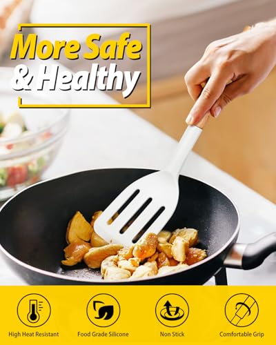 Pack of 2 Silicone Cooking Spatula, Heat Resistant Solid Turner, Non Stick Slotted Spatulas with Wooden Handle,Ideal Wood Kitchen Utensils Set for Frying, Baking, Flipping, Turning (WHITE) - color: White