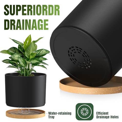 10/9/8 Inch Plant Pots 3 Pack, with Drainage Hole & Saucers | Cylindrical plastic planters with drainage holes & saucers. Modern matte finish, lightweight & durable for indoor/outdoor use - color: Matte Black&brown