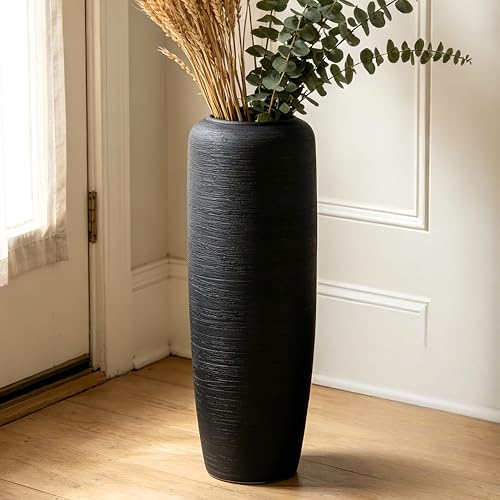 Black Rustic Ceramic Floor Vase, 24 Inch, Ribbed Texture | Living Room, Entryway, Fireplace, Pampas Grass, Dried Branches - size: 23.6 Inch