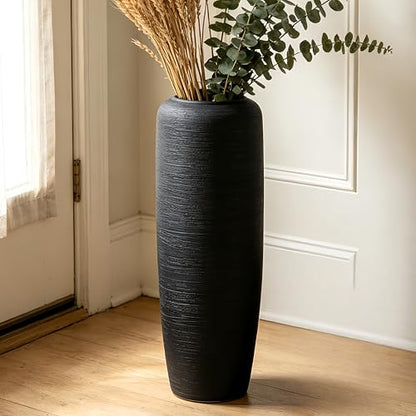 Black Rustic Ceramic Floor Vase, 24 Inch, Ribbed Texture | Living Room, Entryway, Fireplace, Pampas Grass, Dried Branches - size: 23.6 Inch