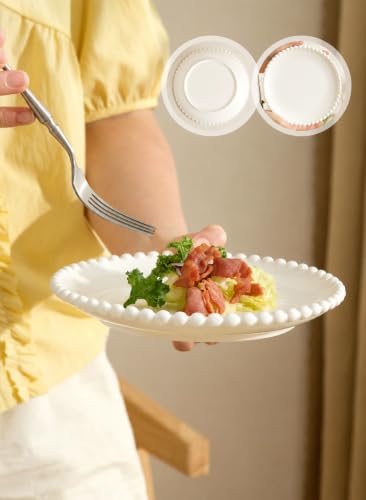 7.5" White Porcelain Beaded Appetizer Plates Set of 10 | Round Shape,Ceramic,Small Dinner Serving Dishes, for Dessert, Snack, Ice Cream, Waffles, Microwave, Dishwasher, Oven Safe - size: 7.5 Inch - 10P