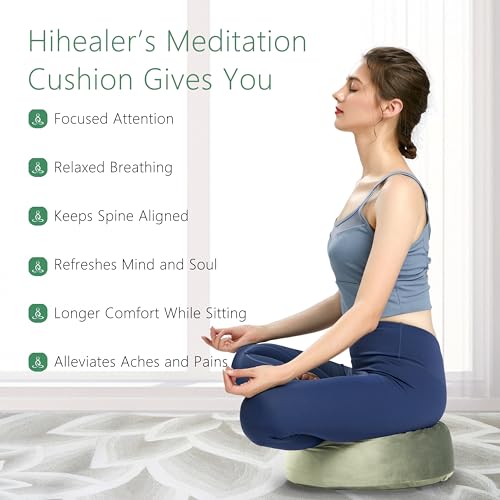 Hihealer Meditation Cushion, Traditional Tibetan Meditation Pillow Velvet Cover - Large Floor Cushion Seating for Adults - Yoga Buckwheat Bolster for Women、Moms - color: Serenity Navy & Green