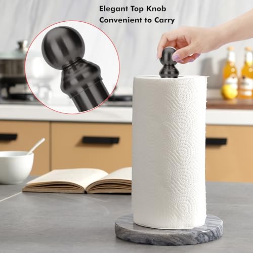 Black Paper Towel Holder Countertop with Heavy Marble Base, Standing Paper Towel Roll Holder for Kitchen Bathroom, with Weighted Base for One-Handed Operation - color: Black