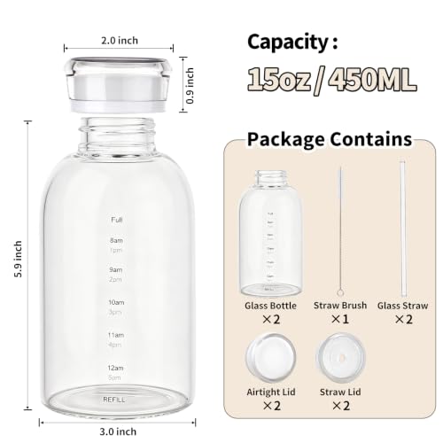 Glass Water Bottles with Lids, 15oz Juice Bottles, Glass Bottles with Straws and Time Marker, Reusable Water Bottle, Leak Proof Drinking Jars for Smoothies, Juicing, Milk,Bubble Tea - size: 15oz