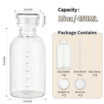 Glass Water Bottles with Lids, 15oz Juice Bottles, Glass Bottles with Straws and Time Marker, Reusable Water Bottle, Leak Proof Drinking Jars for Smoothies, Juicing, Milk,Bubble Tea - size: 15oz