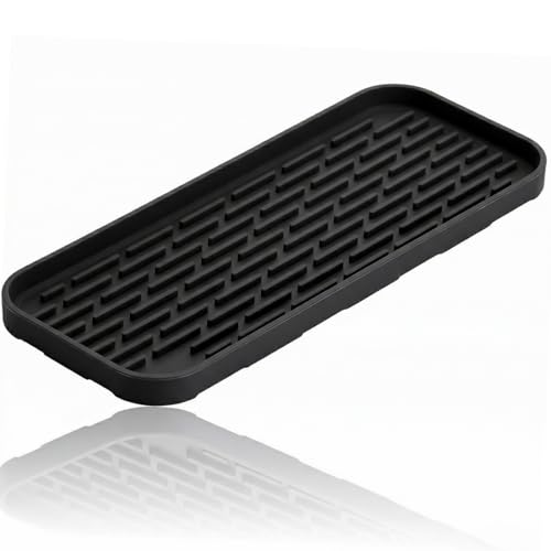 Silicone Organizer Tray, Soap and Sponge Holder for Kitchen Sink, Bathroom - Storage Tray for Dish Brush, Soap Dispenser, Dishwashing Accessories-(Black 1 Pack, 12"x4.7") - color: Black, size: 12 x 4.7 inches, 1 Pack