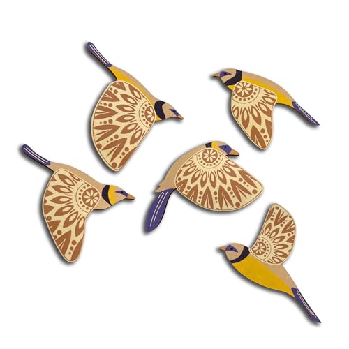 Vumyhuby 5-Piece Blue Wooden Bird Wall Art, Rustic Folk Flying Bird Decor - color: Blue