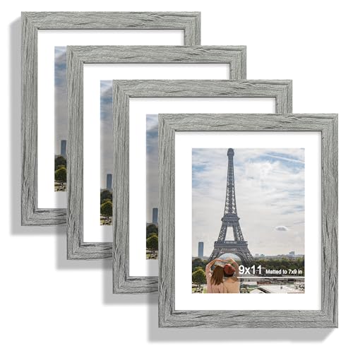 Hongkee 9x11 Picture Frame Set of 4, Made of Real Glass and Grey Frame - Display Picture 7x9 with Mat or 9x11 Without Mat, 9 by 11 Photo for Wall or Tabletop - color: Grey, size: 9x11 in