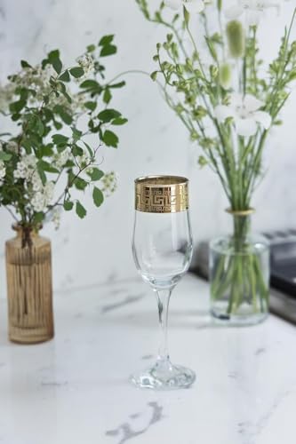 WORLD GIFTS Gold Rimmed Champagne Flutes 6-pieces Glass Set Greek Key Pattern Contemporary Drinkware - color: Champagne