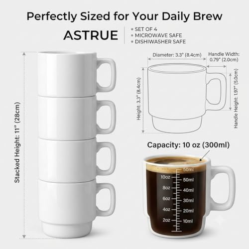 ASTRUE Stackable Ceramic Coffee Mugs Set of 4, 10 oz Glossy White Mug Set for Home & Office - size: 10 oz