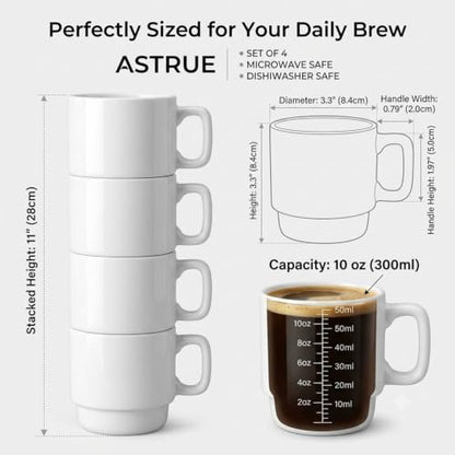 ASTRUE Stackable Ceramic Coffee Mugs Set of 4, 10 oz Glossy White Mug Set for Home & Office - size: 10 oz