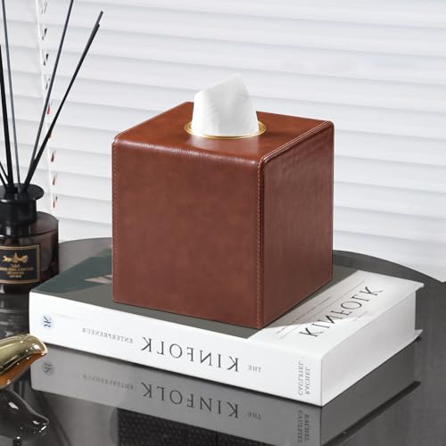 Square Tissue Box Cover with Magnetic Closure, Brown | Luxury PU Leather Tissue Holder with Gold Tone Metal Opening, Fits All Standard Cube Tissue Boxes - color: Brown