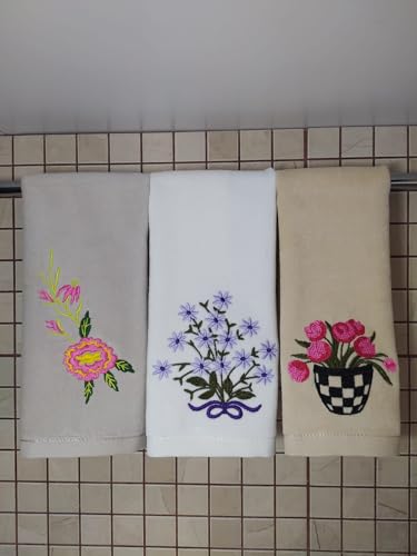 Embroidered Terry Velour Fingertip Towel Set - Quick-Drying, Highly Absorbent, Ultra-Soft, 11 x 18 inches, 3-Pack for Kitchen and Bathroom, Ideal for Gifts and Travel (3, Flower 3) - color: Flower 3