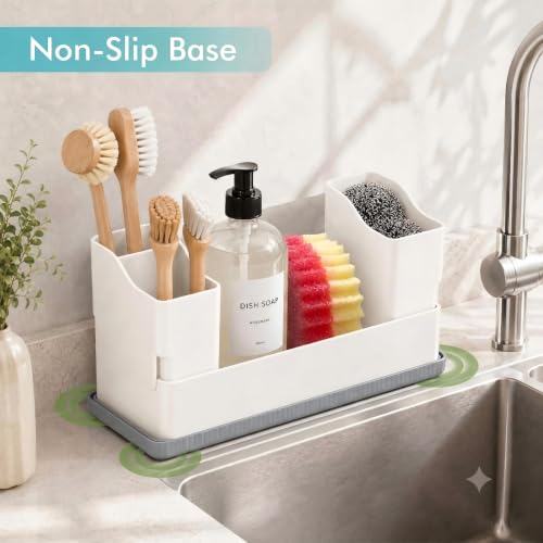 Sponge Holder for Kitchen Sink with Drying Stone, White | Kitchen Caddy Sink Organizer, 2 Removable Cups, Premium ABS, Anti-Slip, 12.7" Sponge and Soap Holder for Kitchen Counter - color: White