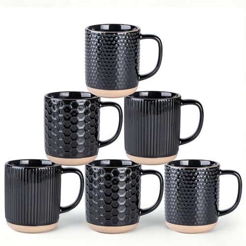 GBhome Coffee Mugs Set of 6, 16 oz Black Coffee Cups with Large Handle | 3 Assorted Designs, Embossed Ceramic Coffee Mugs for Coffee/Tea/Cappuccino, Dishwasher&Microwave Safe - color: Black, size: Set of 6 (16 Ounce)