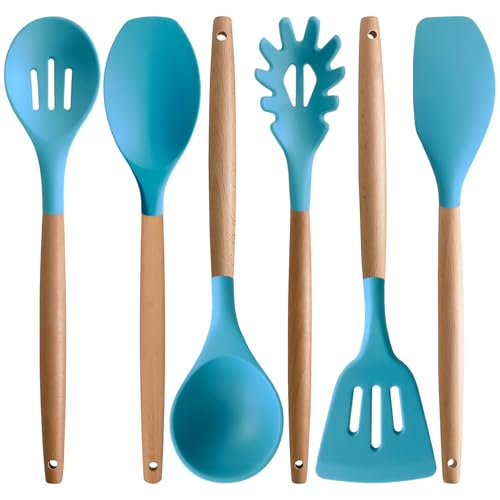 Kitchen Utensils Set 6-Piece Non-Stick Silicone Cooking Utensils Set, Wood Handle Heat Resistant Spatula Spoon Turner Ladle Pasta Server Cooking Kitchen Gadgets BPA Free for Nonstick Cookware - color: Light Blue, size: Standard 6-Piece Set