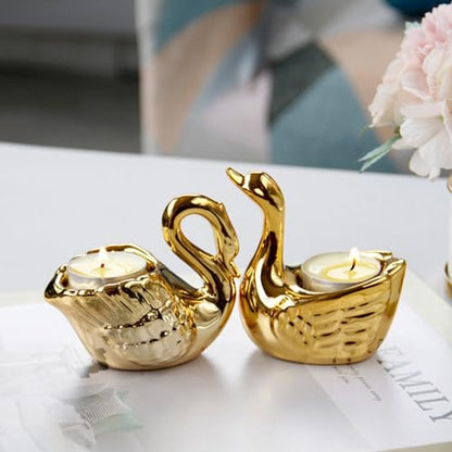 2Pcs Swan Tea Light Candle Holder, Ceramic Gold Candle Holder for Home Decor
