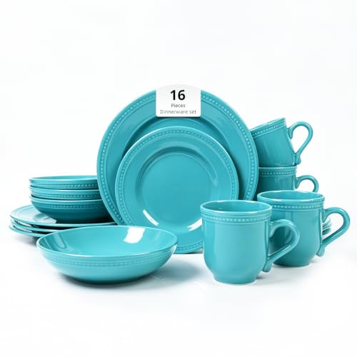 HomeVSS 16-PC Pearl Dots Stoneware Dinnerware Set, Turquoise, Service for 4 | plates and bowls sets，dinnerware sets for 4,Pearl Dots Dinnerware，Microwave and Dishwasher Safe - color: Turquoise, size: 16pc Set