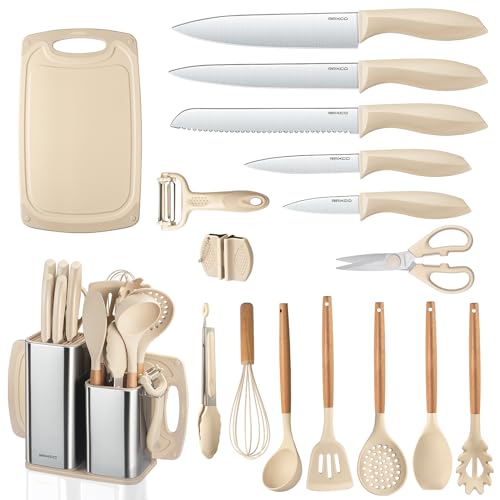 Cooking Utensils Set,18-Piece Kitchen Utensils and Knife Set,Khiki | Food-grade Silicone Utensils Heat-resistant to 410°F,5-Piece Stainless Steel Kitchen Knife with Sharpener and Cutting Board - color: Khiki