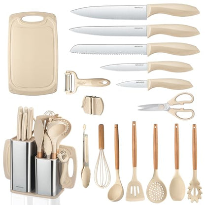 Cooking Utensils Set,18-Piece Kitchen Utensils and Knife Set,Khiki | Food-grade Silicone Utensils Heat-resistant to 410°F,5-Piece Stainless Steel Kitchen Knife with Sharpener and Cutting Board - color: Khiki