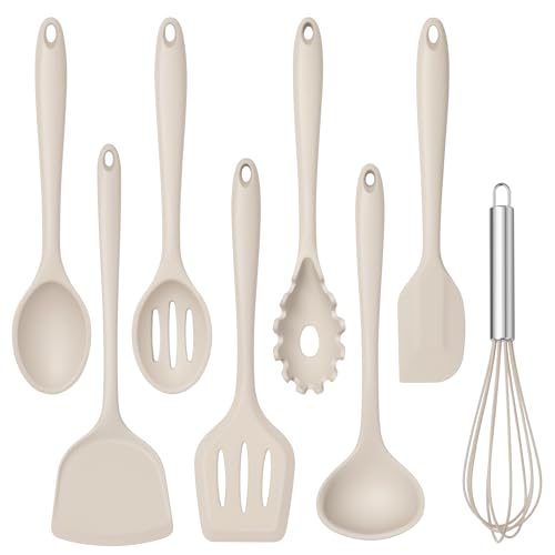 TeamFar Silicone Cooking Utensils Set, 8 PCS Kitchen Utensils Set, Khaki | 446°F Heat Resistant Turner, Spatula, Spoon, Whisk, Kitchen Cooking Gadgets Tools, for Nonstick Cookware, Dishwasher Safe - color: Khaki