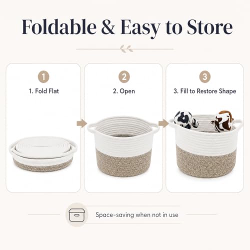 Woven Storage Baskets for Organizing - 1 Piece Cotton Rope & Handwoven Cattail Decorative Bins with Reinforced Handles, Nesting Nursery Basket Set for Closet, Shelf, Toys, and Towels