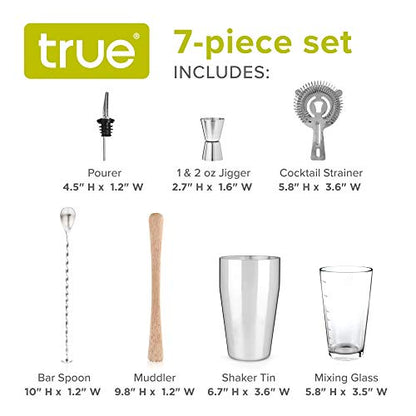True 7-Piece Barware Set for Mixed Drinks and Cold Brew Cocktails, Includes Boston Cocktail Shaker Tin, Mixing Glass, Jigger, Muddler, Strainer, Bar Spoon, Pour Spout for Home Bar, Bartender Gifts - size: 7 Piece