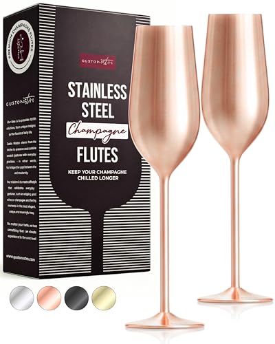 Gusto Nostro Stainless Steel Rose Gold Champagne Flutes Set of 2 - Unbreakable, Colorful Metal Champagne Glasses - Modern Toasting Flutes - Luxury Wedding Gifts for Couple - Wedding Registry Idea - color: Rose Gold, size: Set of 2