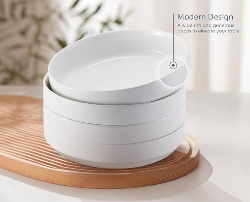 KooK Pasta Bowl, Bowl Plate, Low Bowl, Plate Bowls, Ceramic Large Shallow Bowls, Microwave and Dishwasher Safe, Great for Soups and Salads, Glossy Porcelain, 47 oz, Set of 4, White - color: White