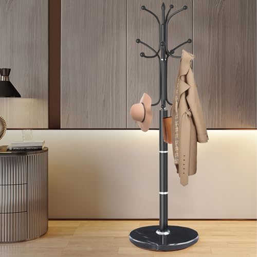 Coat Rack Stand,Black Metal Coat Rack Freestanding with 12 Hooks | Modern Coat Rack with Natural Marble Base,Heavy Duty Coat Hanger Stand, Coat Hall Clothes Tree Stand for Office,Bebroom - color: Black-12Hooks