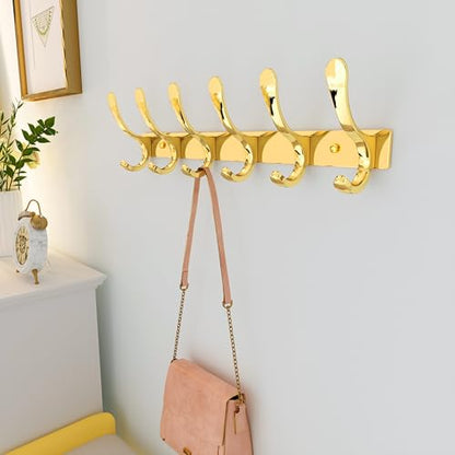 SKOLOO Heavy Duty Wall Mounted Coat Rack - 6 Hooks, Stainless Steel, Sturdy Coat Hooks for Hanging Coats, Jacket, Clothes, Hat, Bright Gold - color: Bright Gold, size: 6 Hook(1 Pack)