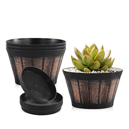 Quarut 6 inch Brown Barrel Planters with Drainage Holes & Saucer, Set of 4, Indoor & Outdoor Garden Home Plants - size: 6 inches