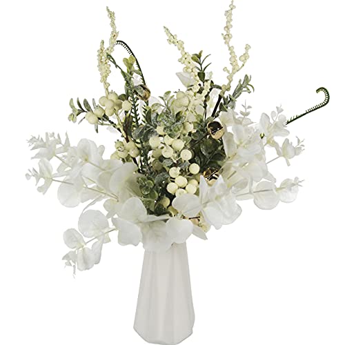 Tinsow 5 Pcs Artificial Eucalyptus Branches Real Touch Leaf Stem White Faux Eucalyptuses Wedding Bouquet Centerpiece Christmas Home Decor (White and Beige Mix, 5) - color: White