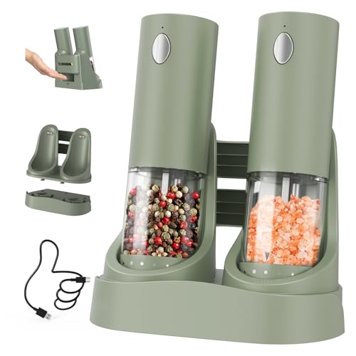 CIRCLE JOY Electric Salt and Pepper Grinder Set Automatic Salt and Pepper Grinder Set with Easy-to-Carry Charging Base and LED Light, USB Rechargeable, Upgrade External Adjustable Coarseness, Green - color: Green