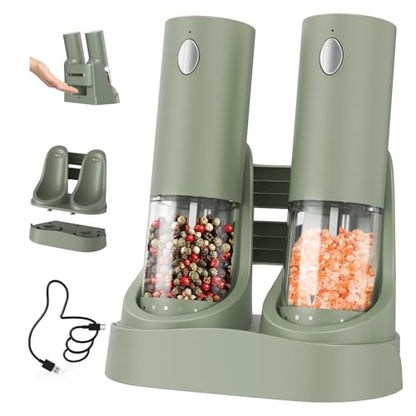 CIRCLE JOY Electric Salt and Pepper Grinder Set Automatic Salt and Pepper Grinder Set with Easy-to-Carry Charging Base and LED Light, USB Rechargeable, Upgrade External Adjustable Coarseness, Green - color: Green