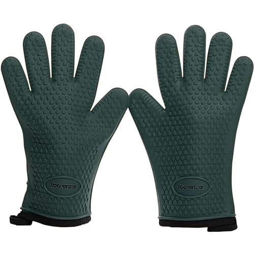 KITCHEN PERFECTION Silicone Smoker BBQ Gloves - Heat Resistant Oven Mitts | Waterproof, 5-Finger Design For A Better Grip, for Pitmasters, Meat Smoking, Grilling, Cooking, Frying Turkey | Grill Gift - color: Dark Green, size: One Size Fits Most